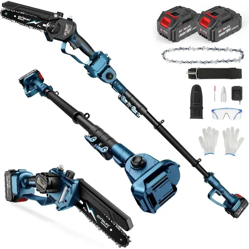 GEVEELIFE 2-in-1 Cordless Pole Saw & 6 Inch Mini Chainsaw - Brushless Extendable Tree Trimmer Pole Saw, 180° Adjustable Cutting Angle, Automatic Oiling System, 2 Batteries, Fast Charger, Gardening Tool, Holiday Gift for Seniors
