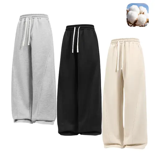 Men's 3-Pack Plain Cotton Straight-Leg Baggy Sweatpants - Belted, Loose-Fitting, Machine Washable, Ideal for Everyday Use & Autumn-Winter Outfits (Suitable for Women)