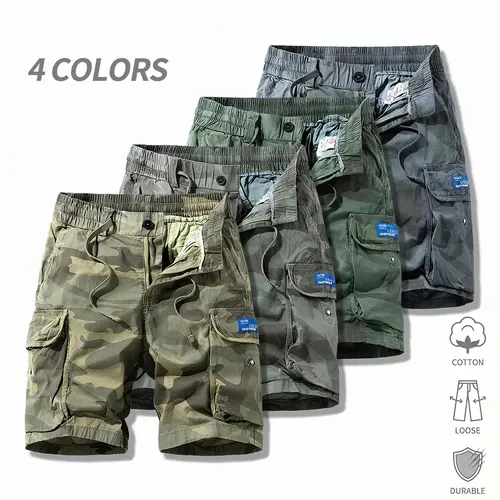 American vintage camouflage cargo shorts for men — 100% cotton, wear-resistant fabric, flap large pockets, elastic waistband, casual shorts