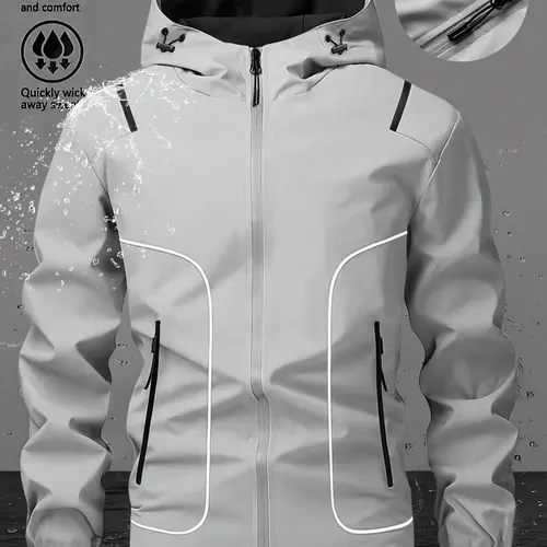 Men's High Elasticity Hooded Polyester Hardshell Jacket - Casual Sportswear, Long Sleeve, Windproof, Waterproof, Machine Washable, Striped, Normal Type for Cycling & Commuting