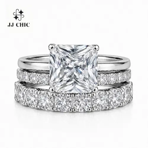 JJ CHIC Everglow Women's Princess Cut 3-Piece Bridal Jewelry Wedding Ring Set, Stackable Engagement Rings with Elegant Design & Eye-Catching Center Stone, Wedding Ring Sets