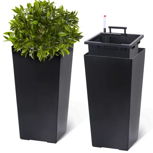 Modern Tall Black Large Planters Set of 2 - 22.5 in H, 30 in & 8.5 in W, Automatic Watering, Drainage, Built-in Water Level Monitors, Removable Inner Bucket, Durable & Weather-Resistant, Easy to Move for Container Planting, Plant Decor (Porch, Patio Use)