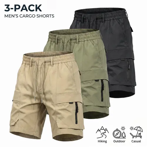 Men's 3-Pack Polyester Woven Baggy Cargo Shorts - 3D Zipper, Anti-Theft Pocket, Elastic Waist, Drawstring, Above-the-Knee, for Outdoor Commuting Fashion