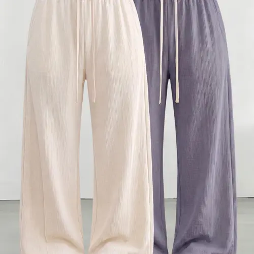 2-Pack Drapey Textured Wide-Leg Casual Pants for Women — Elastic Drawstring Waistband, Relaxed Fit, Versatile for Commuting and Loungewear