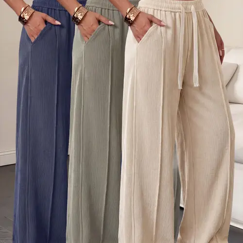 3-Pack Vertical Texture Drapey Wide-Leg Pants for Women — Elastic Drawstring High Waist, Relaxed Fit, Slimming Floor-Length Design
