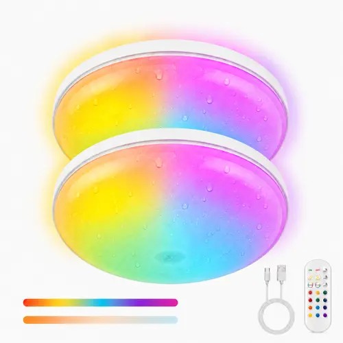 Givryes 2-Pack Plastic Magnetic RGB Led Ceiling System - Rechargeable Wireless Battery-Operated, Remote-Controlled, IP66 Waterproof with Brightness Dimmable, Color Changing, Adjustable Light Modes for Bathroom, Closet