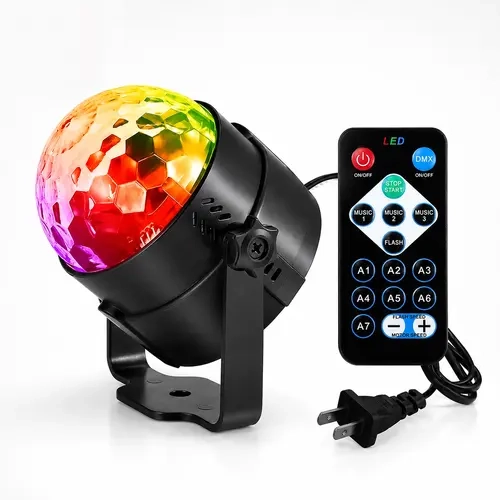Compact Form 7-Color LED DJ Party Light with Remote - Sound-Activated, Adjustable Automatic Modes, Iron PVC Construction - Decorative Atmosphere Lighting for Holiday, Family Dance Events,home decor