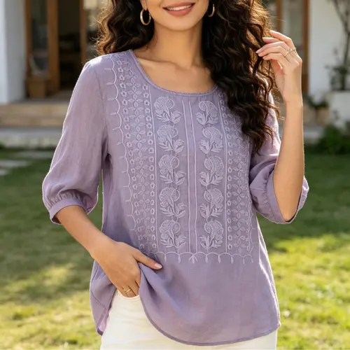Women's Vintage Cotton-Linen Blend Casual Blouse - Lightweight Summer Top, Intricate Embroidery, Breathable, Loose Fit, Round Neck, Mid-Length Sleeves