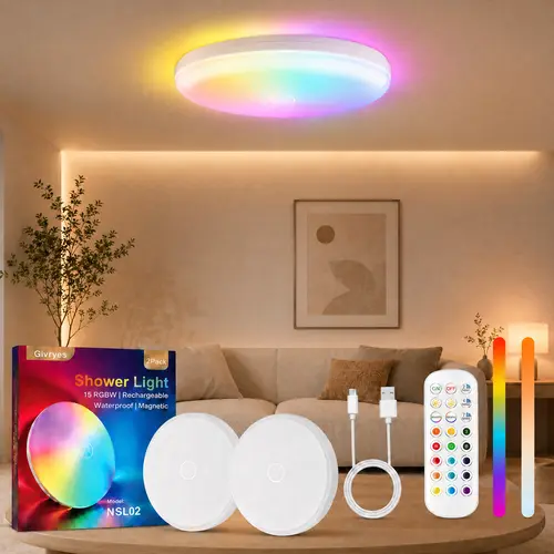 GIVRYES 2-Pack IP66 Waterproof LED Shower Lights - Touch Sensor & Remote Control Indoor Wireless Lamp, 10000mAh Batteries Rechargeable LED Ceiling System, RGB Neon Mood Lighting for Bathroom Closet