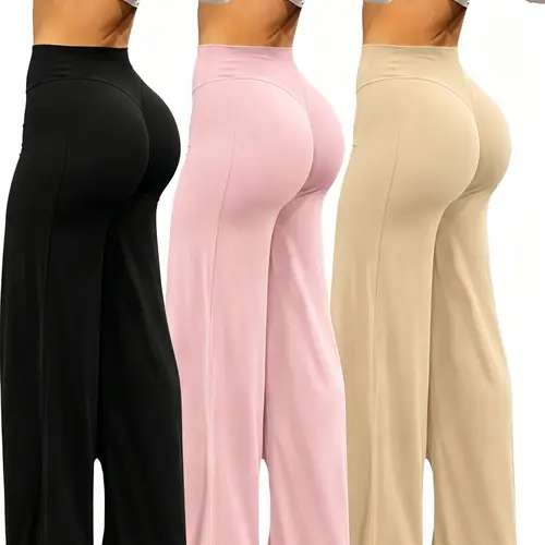 Women's High-Waisted Wide-Leg Flared Pants 3-Piece Set - Loose-Fitting, Elastic, Drapey, Soft, Comfy, Breathable Pants for Women, Available in Pink, Apricot, Black, All-Season Gym Wear