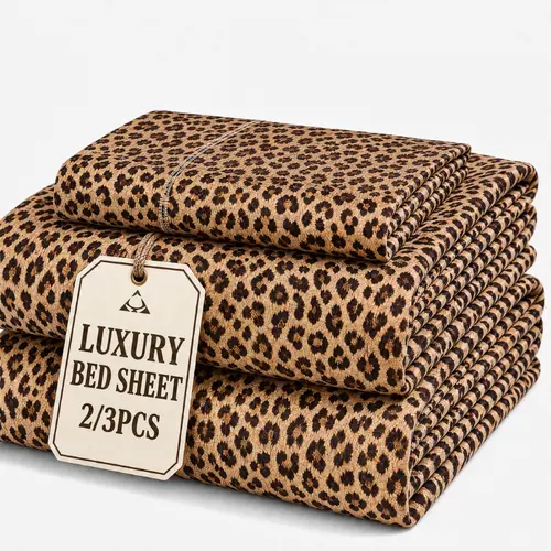 Cosybay Silky Soft Leopard Print Satin Fitted Sheet Set (2/3Pcs) - Twin:1 Fitted+1 Pillowcase, Full/Queen/King:1 Fitted+2 Pillowcases, No Top Sheet, Pet-Friendly, Wrinkle-Resistant, for Master Bedroom Home Decor, Silky Soft Bedding