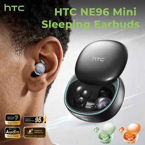 HTC NE96 Mini Invisible Sleep Friendly Metal‑Plastic Bluetooth 6.0 Wireless Earbuds - In‑Ear Waterproof Gaming Earbuds with Built‑in Noise Isolation Mic for Sports, Sleep Use, Office Work From Home, Clear Daily Audio Calls