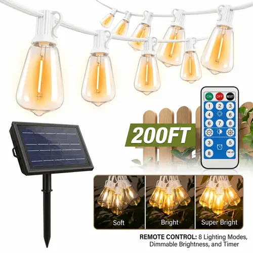 【GLEAM】Decorative LED String Lights, 100FT Solar Outdoor Patio Lights with Bulbs, 8 Modes, Dusk-to-Dawn Infrared Sensor, Dimmable, Waterproof, Shatterproof, Energy-Efficient for Back Porch, Decking, Backyard Glow Up