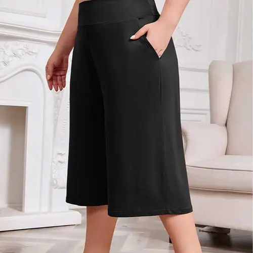 Women’s Plus Size (3X-5X) High-Rise Knitting Wide-Leg Capri Pajama Pants - Stretchy, Breathable, Lightweight Everyday Nightwear with Pockets, Outdoor Style Lounge Sleep Pants