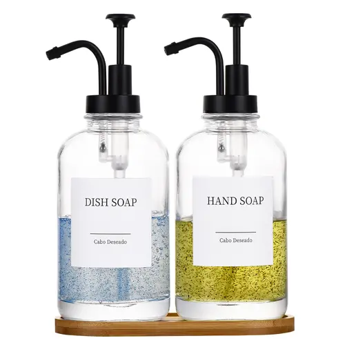 GLUMZRK Glass Soap Dispenser Set (2-Pack, 500ml/18oz Each) with Corrosion-Resistant Silver Pumps, Bamboo Vanity Tray, Funnel, 18 Stickers, Foldable Design – Classy Gift for Kitchen & Bathroom