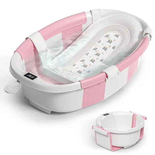#backtoschool MOREFEEL Collapsible Baby Bathtub for Newborns & Toddlers with Built-in Temp. & Supportive Cushion, Portable Design with Storage Bag & Wall Hook, Pink Baby Shower Gift, Spacious Size, Pvc, Toddler Bathtub Seat, Newborn Baby Stuff, Pp Pvc, Fo