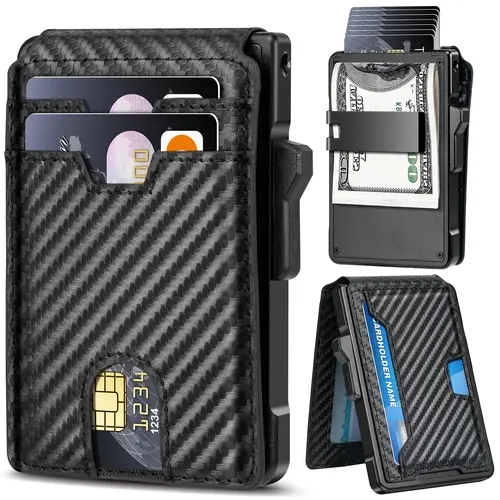 Minimalist Wallet for Men: 9 - 12 Cards, Innner Money Clip, ID Window, RFID Blocking, Aluminum Bifold Pop-Up Credit Card Case Holder,outdoorfun