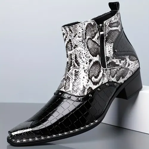 Menshoes Gothic Snake Print Patchwork Chelsea Boots, Glossy Croc Patent Leather Pointed Toe, Metal Rivets Decor, Side Zipper Cuban Heel Western Punk Ankle Boots For Club Night Daily Party