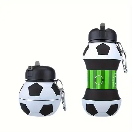 Collapsible Reusable Silicone Soccer Ball Water Bottle for Kids - 18 oz (500-1000 ml) BPA-Free Leakproof Sports Bottle with Easy-Carry Clip, Spout