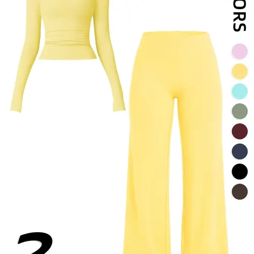 Women's 2-Piece Fitness Set, Comfortable Long Sleeve Top & High-Waisted V-Back Yoga Pants, Casual Slim Fit, All Seasons, Yoga Workout Activewear