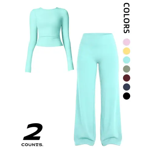 Women's Sportswear Set, Long Sleeve Round Neck Top & Wide Leg Yoga Pants, Plain Yoga Pants, Comfortable Fashion Workout Outfit, Stretchy Sports Outfit