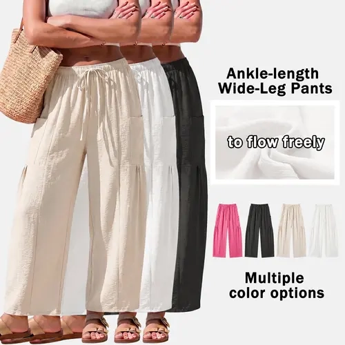 Women’s 3-pack lightweight solid-color loose casual pants with elastic drawstring waist, comfortable and breathable, suitable for everyday and home wear