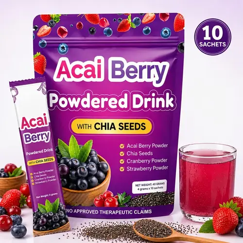 Acai Berry Strawberry Powder Packets - 10 Ambient Individual Smooth Fruity Easy-to-Drink Sachets with Chia, Cranberry Mix, Instant Blend for Travel, Office, Everyday Adult Beverage