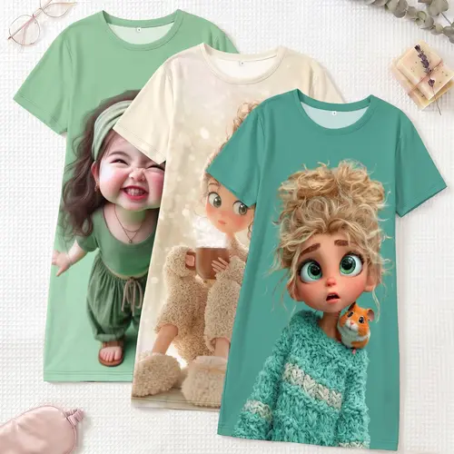 3-Piece Set Cute Girl Doll Large Print Short Sleeve Round Neck Nightdress, Loose-Fitting Sleepwear for Spring Summer Fall, Soft Sleepwear Loungewear