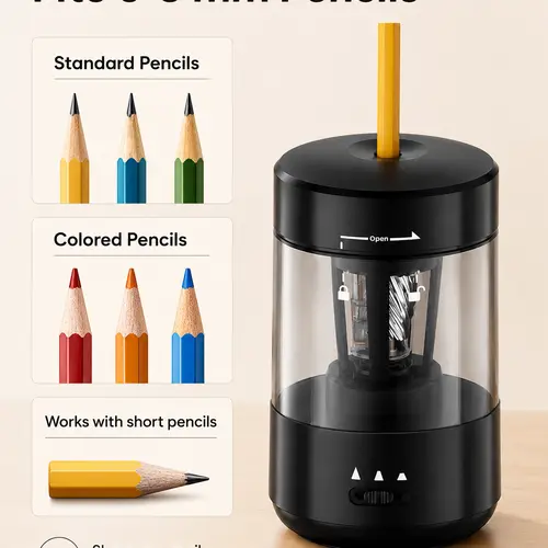 Cordless Auto In & Out Rechargeable Electric Pencil Sharpener, 6-8mm Graphite & Colored Pencils, Type-C Charging, 3 Tip Settings, Shaving View, Portable Stationery Supplies for Classroom, Home Office, Black