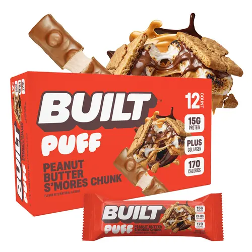 Official BUILT Bar, Puff Protein Bar Snack, Peanut Butter S'mores Chunk Puff, 15g Protein, 170 Calories, Collagen, Soft, Marshmallow-y Texture, 12 Count Box