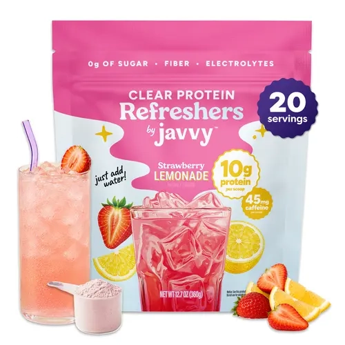 Javvy Strawberry Lemonade Refresher - Premium Clear Whey Protein Drink with Electrolytes, Fiber, 45mg Caffeine, 0g Sugar, 100% Natural Flavors, 0 Artificial Colors & Sweeteners - 20 Servings