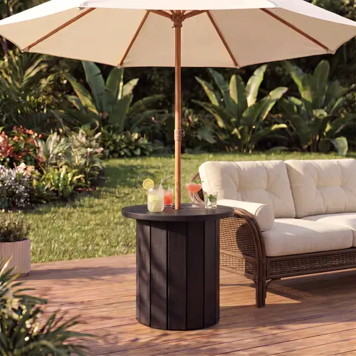 2-in-1 Patio Umbrella Base with Outdoor Side Table, Patio End Table with Umbrella Hole, Patio Bar Table for Drinks, Snacks & Decor, Space-Saving Umbrella Stand for Patio, Porch, Deck, Fits 1.5"-1.9" Umbrella Pole, HDPE Woodgrain Table,  #backtoschool