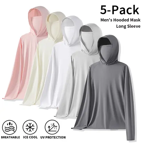 New Arrival 5-Pack Men UPF Sun Protection Hoodies with Attached Full Face Mask, Breathable Quick-Dry Ice Silk, Long Sleeves, UV Blocking Sun Shirts for Fishing, Cycling, Hiking, Beach, Outdoor, and Everyday Wear