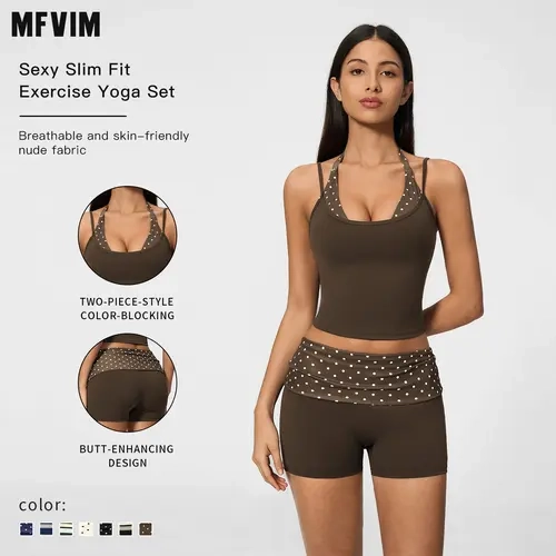 MFVIM women’s color-block double-layer halter yoga tank top set with high-waisted butt-lifting athletic shorts, two-piece nude-feel fitness outfit,travel essentials,camping essentials,back to school,back to school haul,sohochic