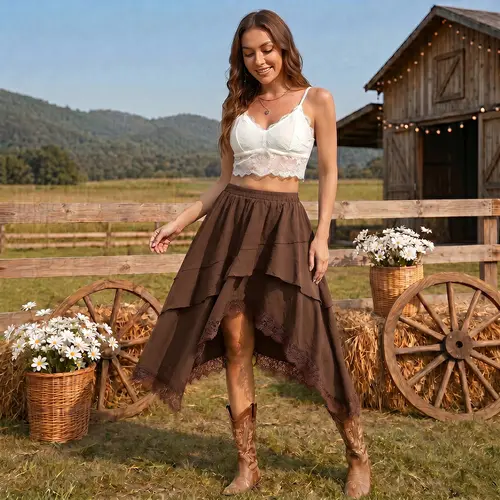 Florboom Women's Boho High Waist Tiered Midi Skirt Flowy High Low Lace Trim Midi Skirt Elastic Waist Ruffle Layered A-Line Summer Beach Western Country Skirt