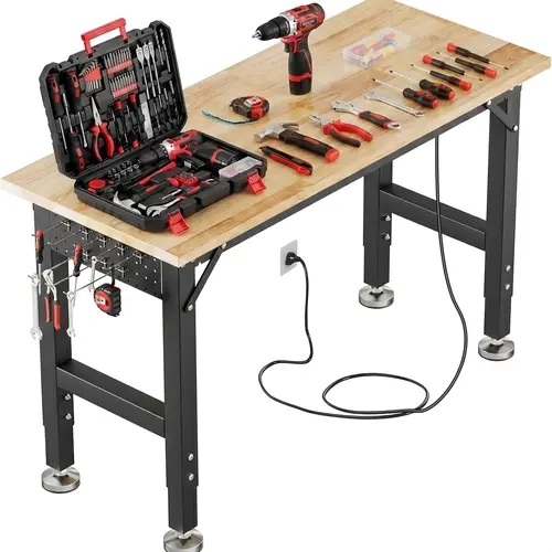 TLGREEN 48" x 20" Heavy Duty Workbench, 2000 LBS Capacity, 31.5-39.5 in Adjustable Work Bench with Power Outlet & Pegboard for Garage