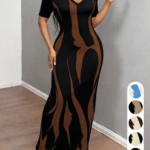 Bodycon Slimming Dress, European Style Sexy Mature Look, Deep V Short Sleeve Elegant Dress, Vintage Print Fitted Dress, Birthday Party Long Dress, Night Out Dress