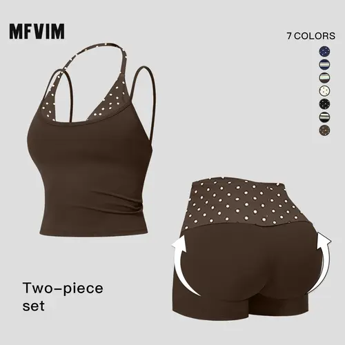 MFVIM women’s color-block double-layer halter yoga tank top set with high-waisted butt-lifting athletic shorts, two-piece nude-feel fitness outfit,travel essentials,camping essentials