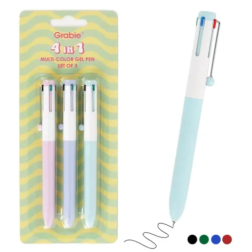 Grabie 3-Piece 4-in-1 Multi-Color Gel Ink Pen Set - 0.5mm Ultra-Smooth Rollerball Tip, Assorted Colored & Black Refills, Back to School Haul, College School Supplies, Organizing Tool, Playful Pastel Aesthetics, Class Reward Gift, Kids