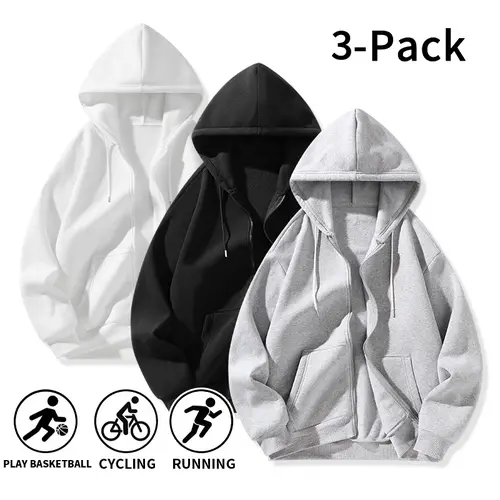 Men's Zip-Up Hoodies 3-Pack - Solid Color, Loose-Fit, Breathable Polyester Sweatshirts with Zip-Up Feature for Running, Biking, Outdoor Indoor Use - Versatile Menswear & Mens Gifts