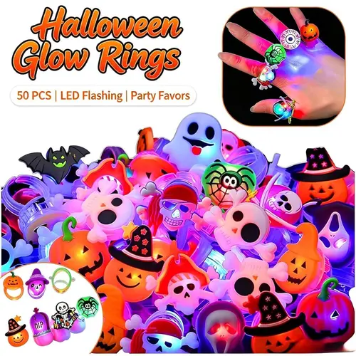 50pcs Unisex Glow Flashing LED Halloween Rings with LED Lights, Child Festive Party Favors, Halloween Goody Bag Basket Stuffers Fillers