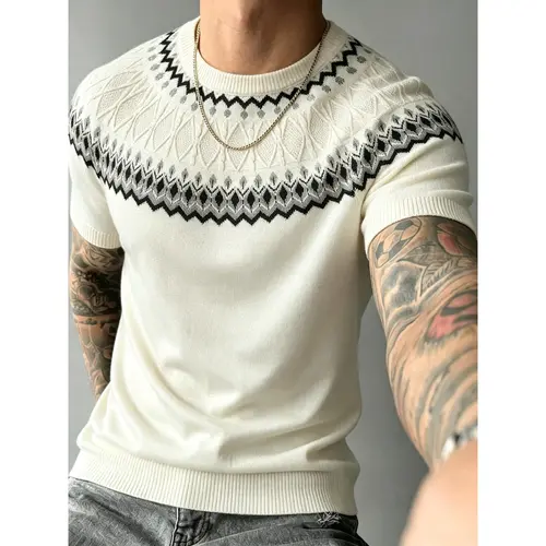 Short sleeve crew neck knit sweater with vintage fair isle jacquard yoke pattern, fine soft knit ribbed trim tailored slim silhouette retro casual top staple for layered modern street mensfashion styling