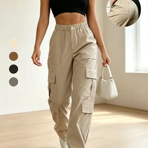 Women's Wide-Leg Cargo Pants - Loose, Straight Cut, Elastic Waistband, Multiple Pockets Women's Fashion Bottoms for Sporty Chic, Utility Style Outdoor Activities, Back to School, Baggy, Oversized