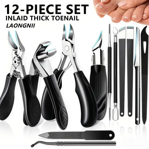 12PCS Heavy Duty Stainless Steel Toenail Clippers Set - Thick Hard Nail Tool Kit with Nail Scissors, Cuticle Pusher, Pedicure & Manicure Tools for Seniors, Adults