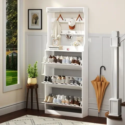 Modern 2-in-1 P2 Wood & ABS Hall Tree Shoe Rack Organizer - Single Uni