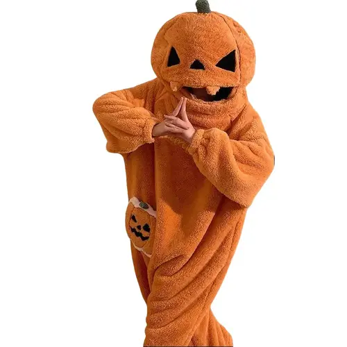 Women's Thick Smooth Fleece Halloween Onesie Hoodie - Zippered, Cute Cartoon Pumpkin Print, Relaxed Fit, Funny Long Sleeve Jumpsuit, Perfect for Trick-or-Treat Party & Outdoor Relaxed Loungewear Sleepwear