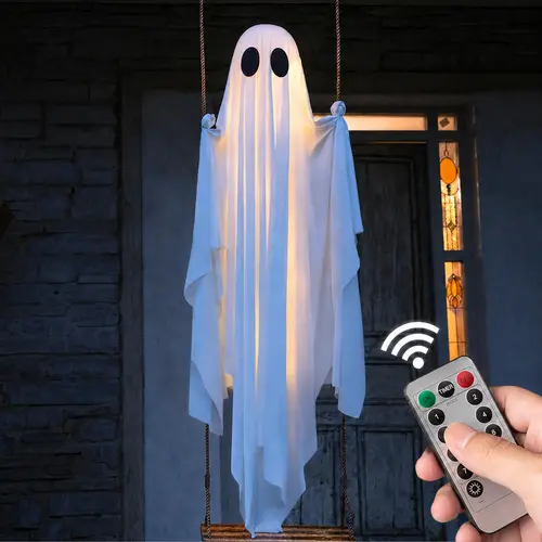 Halloween Hanging Ghost - 5FT Large Swinging Ghost Fabric Decoration with Wooden Base - for Outdoor Yard, Front Porch & Tree Hanging - Spooky Holiday Gift for Neighbors, Friends & Family