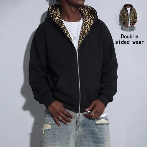 Men’s cotton zip up hooded jacket with leopard print lining, reversible hoodie jacket for both front and back wear, loose long sleeve street casual top with pockets
