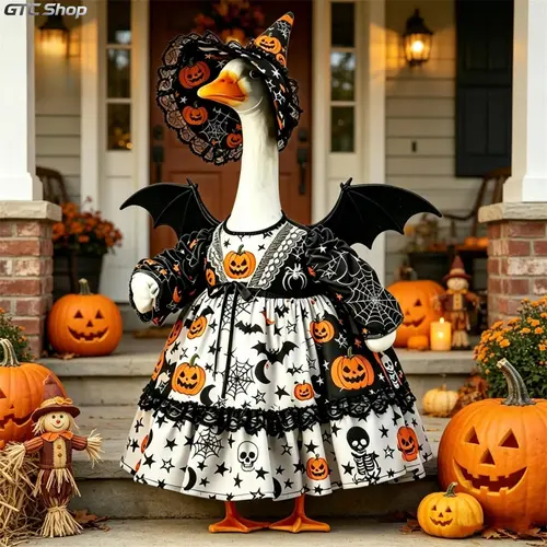 23-in Halloween Porch Goose Costume, Polyester Multicolor Outfit with Pumpkin Skull Bat Prints, Spider Web Accents, Hat & Wings for Lawn Patio Outdoor Decoration Ornaments