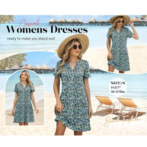 OFEEFAN Women Summer Dresses 2026 Casual V Neck Short Sleeve Dress Wedding Guest Dress Beach Vacation Fashion Outfits